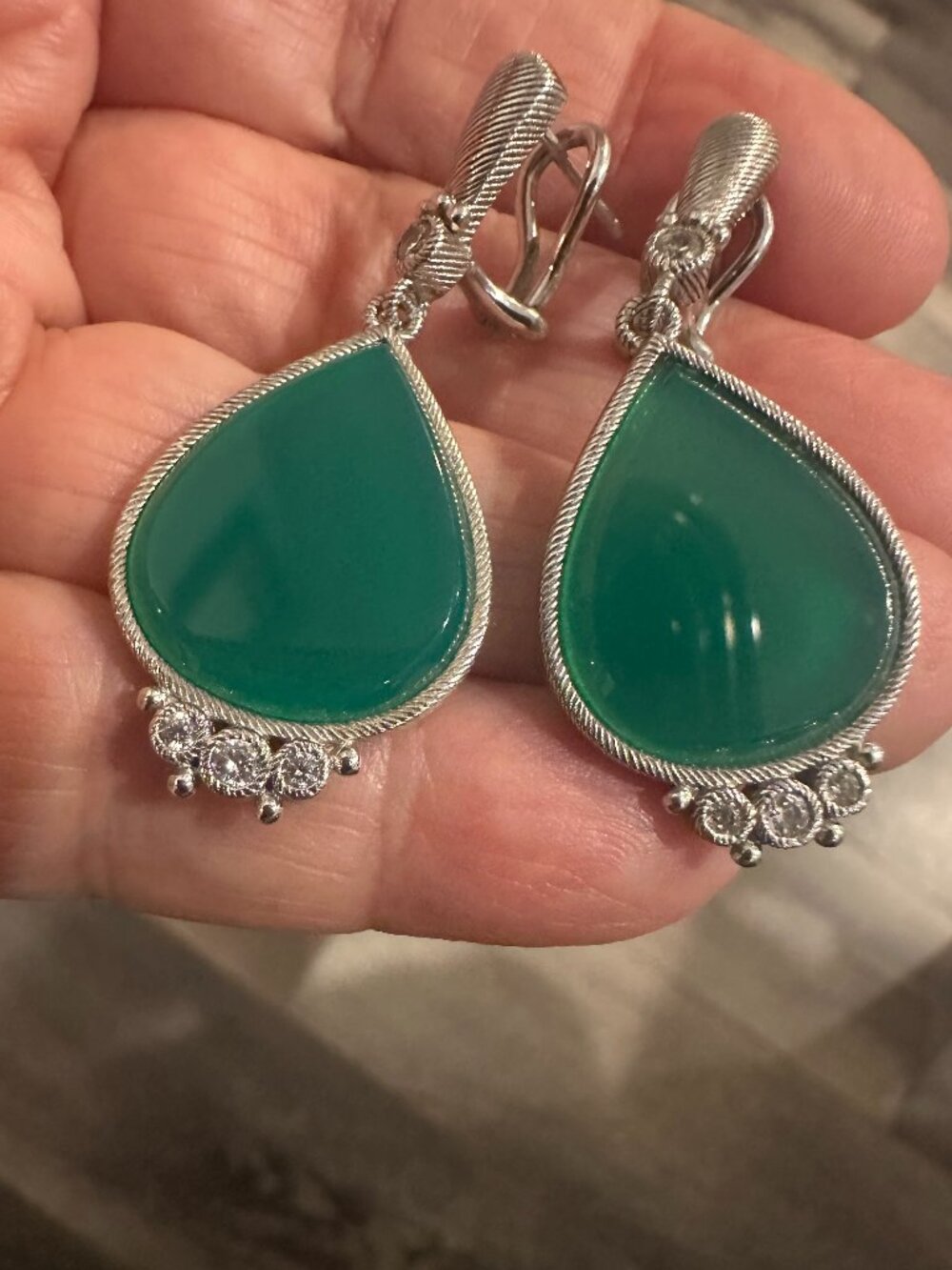 Judith Ripka Sterling Silver Green Teardrop Chalcedony Gemstone & CZ Earrings
